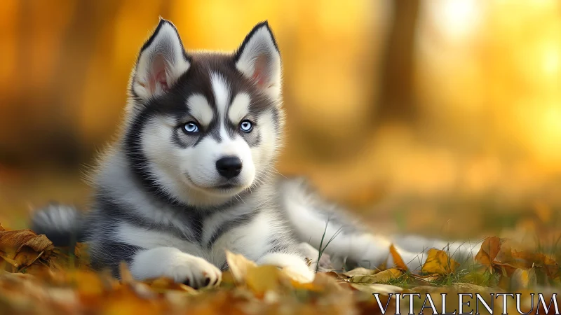 Blue-eyed husky puppy resting on autumn forest leaves