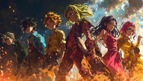 Heroic anime squad strides through embers with dynamic lighting.