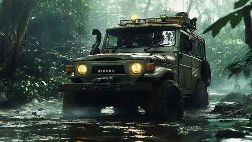 Off-road expedition truck crossing wet jungle stream.