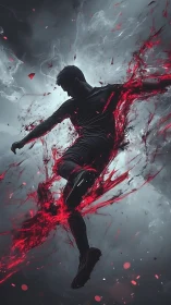 Explosive soccer kick in swirling red energy storm.