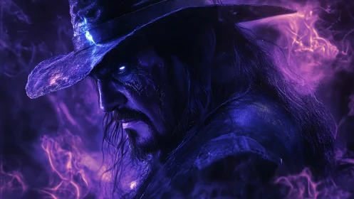 Dark cowboy portrait glows in purple smoke filled lighting