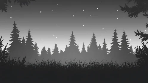 Silhouetted forest landscape with starlit night sky
