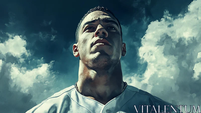 Heroic low-angle portrait of athlete against storm sky