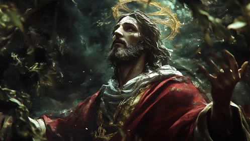 Radiant robed figure gazes upward through swirling light.