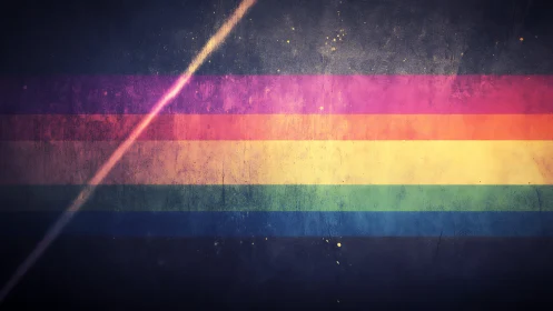Weathered rainbow flag hums under a cosmic diagonal ray