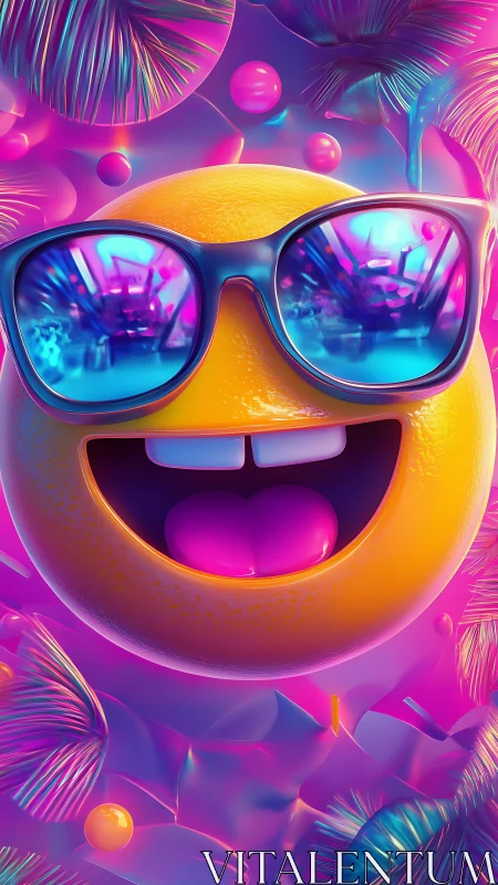 Neon emoji sun rolls through a tropical synthwave dreamscape