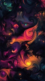 Vibrant cosmic swirls orbit glowing cores in dark abstract field