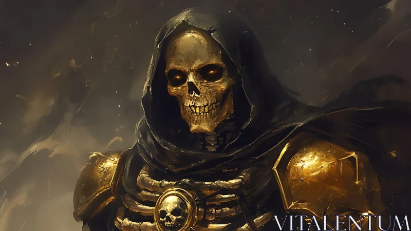 Armored skeletal warlord in gilded plate under shadowed hood