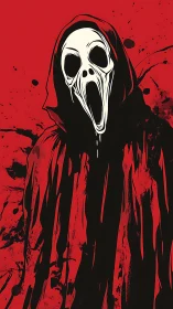 Hooded specter with screaming skull mask on blood red field.