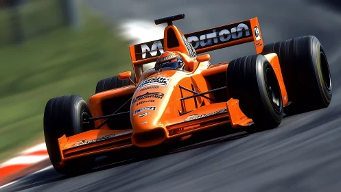 Orange single-seater racing car on asphalt circuit track.