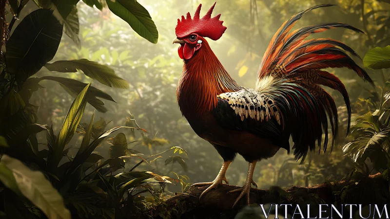 Vibrant rooster perched among jungle foliage in ethereal light.
