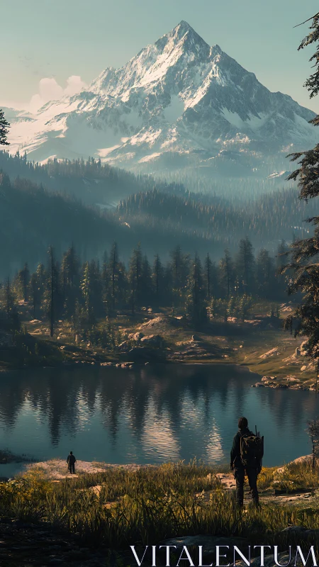 Hikers observe snowcapped mountain across reflective forest lake