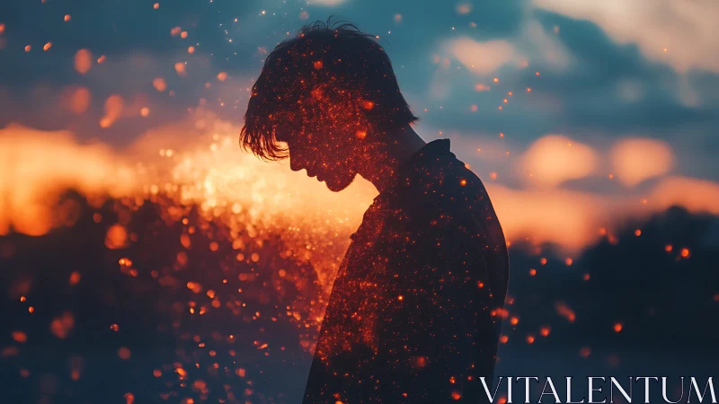 Silhouetted figure dissolves into ember-like particles at sunset