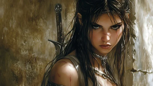 Battle-scarred elven warrior glares with drawn steel