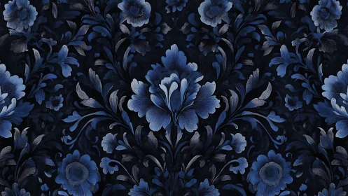 Dark blue floral damask pattern displays layered botanical symmetry