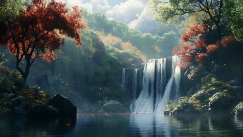 Waterfall sanctuary amid autumn forest glow at dawn.