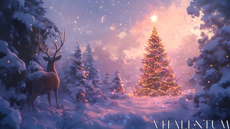 Snow-covered forest scene shows deer near lit Christmas tree