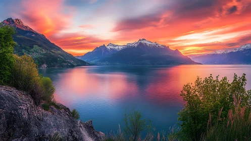 Mountain lake at sunset with snow peaks and calm water surface.