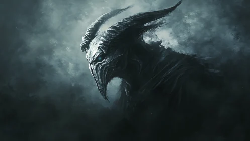 Horned void wraith in desaturated monochrome storm haze