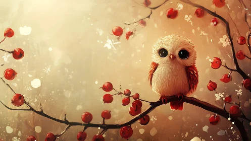 Cute fluffy owl on berry branch in dreamy digital art style.