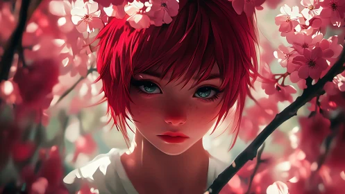 Red haired girl under cherry blossoms, shallow depth of field