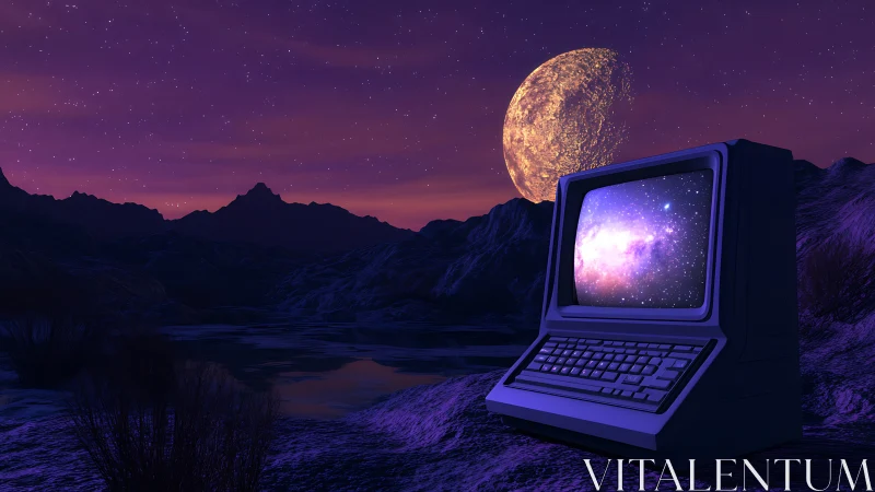 Retro terminal glows against extraterrestrial violet nightscape