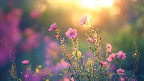 Pink flowering plants at daylight with backlit golden hour conditions.