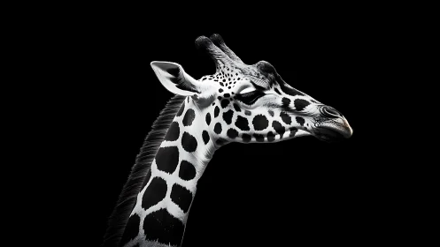 Monochrome side profile study of giraffe against pure black field