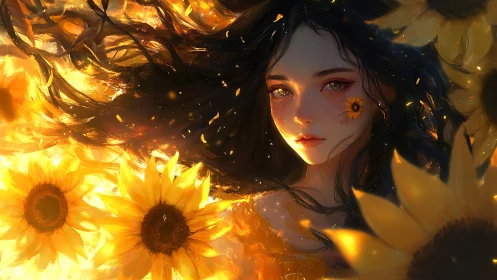 Digital portrait shows girl among sunflowers in warm light