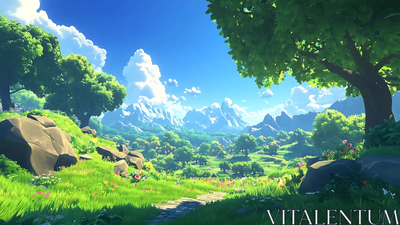 Stylized volumetric-lit valley landscape with distant alpine ridges