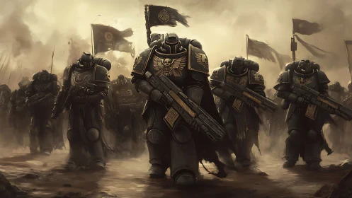Armored sci fi warriors advance through war torn haze.