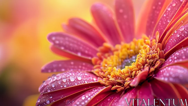 Macro gerbera daisy petals with bright morning dew drops.