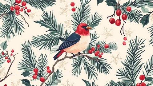 Watercolor Songbird on Pine Branch with Red Winter Berries Pattern.