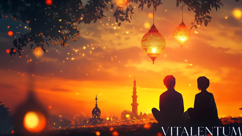 Sunset cityscape with children silhouettes and glowing lanterns