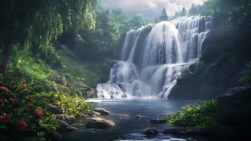 Tiered waterfall cascades through dense foliage into reflective pool