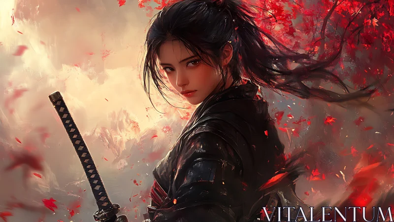 Samurai swordswoman amid scarlet autumn storm of leaves.