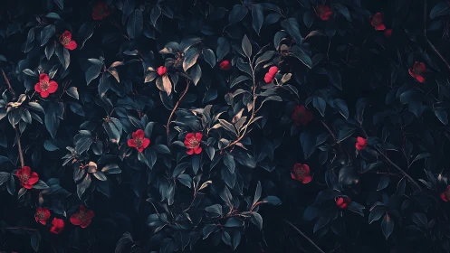 Deep Crimson Blooms Against Dark Foliage. Moody Garden Study.