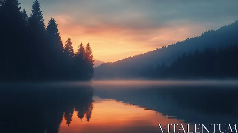 Cinematic alpine lake sunrise with mirrored conifer silhouettes.