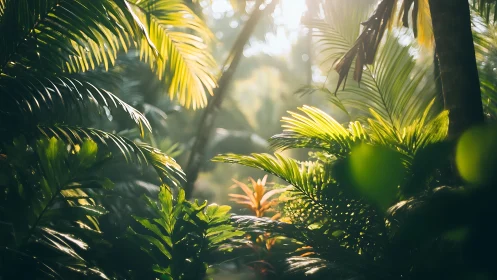 Sunlit tropical foliage with dense green palm leaves.