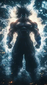 Energy-charged warrior stands in glowing explosive aura