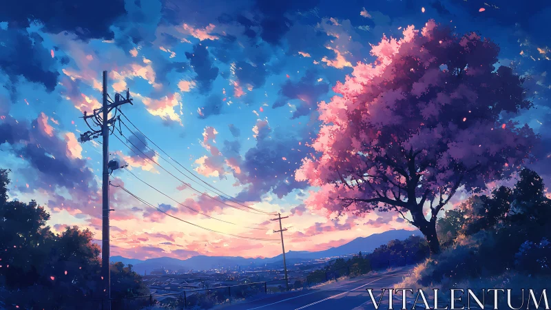 Twilight blossoms ignite above a quiet hillside roadway.