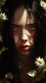 Shadowkissed wildflower muse framed in sun and daisies.