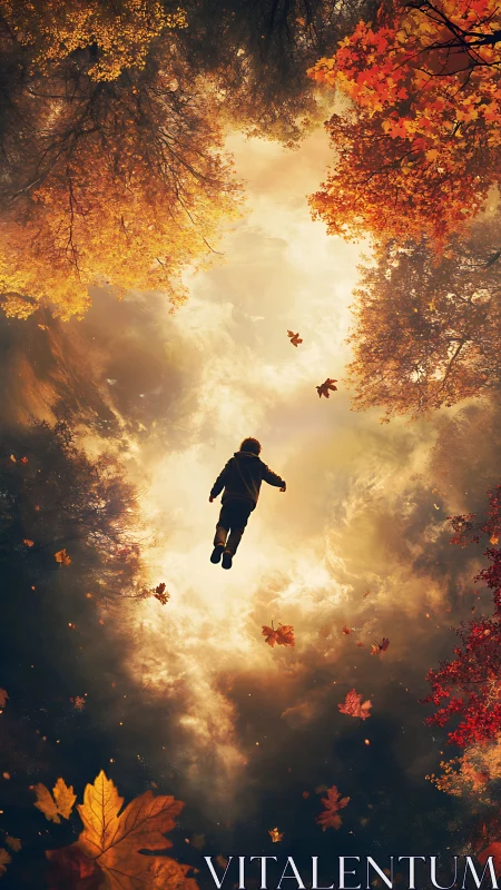 Child drifting skyward through glowing autumn canopy.
