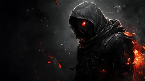 Hooded figure with glowing red eyes emerges from burning smoke