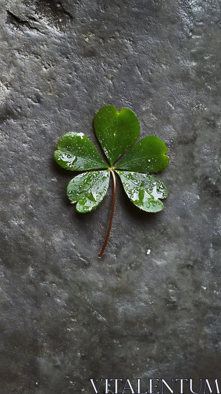 Hydrated clover leaflet on textured stone substrate surface.