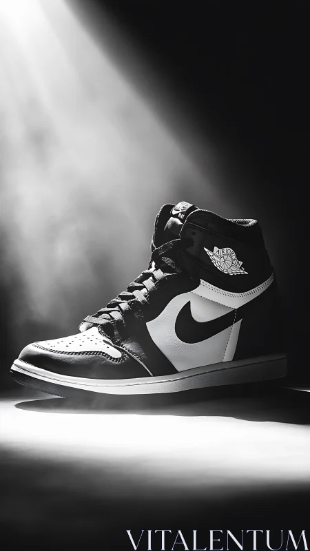 Iconic high-top sneaker glows under dramatic spotlight.