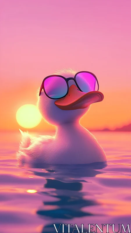 Sunset-surfing duckling crowns the horizon with cool swagger