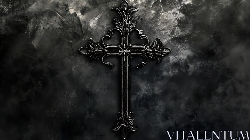 Ornate metallic cross cast against textured dark stone background