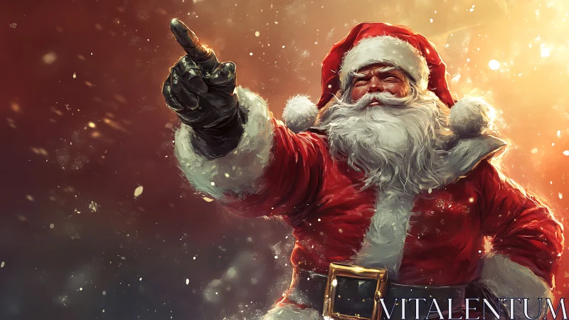 Santa Claus points skyward amid glowing winter light