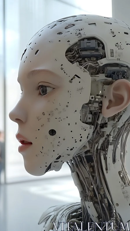 Gentle android portrait, where soft humanity meets metal mind.